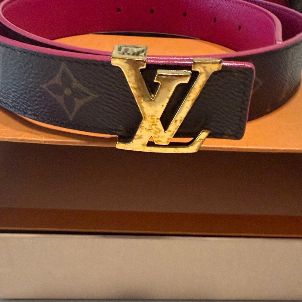 Louis Vuitton Black and Pink Belt with Gold Buckle